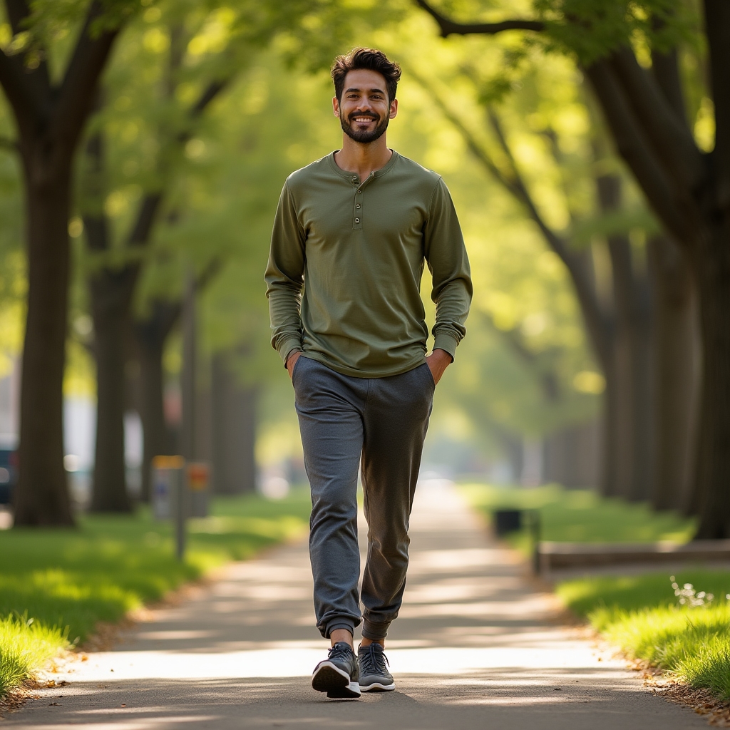 Athlete on a light rest day walk through a park, showing active recovery in a natural outdoor setting
